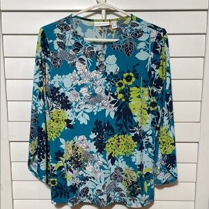 Susan Graver Teal Multicolor Floral Long Sleeve Top